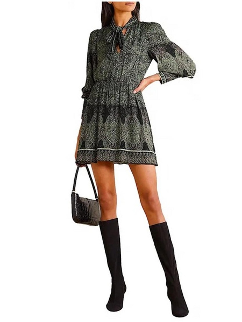 Alice + Olivia Forest Green Printed Tie-Neck Mini Dress